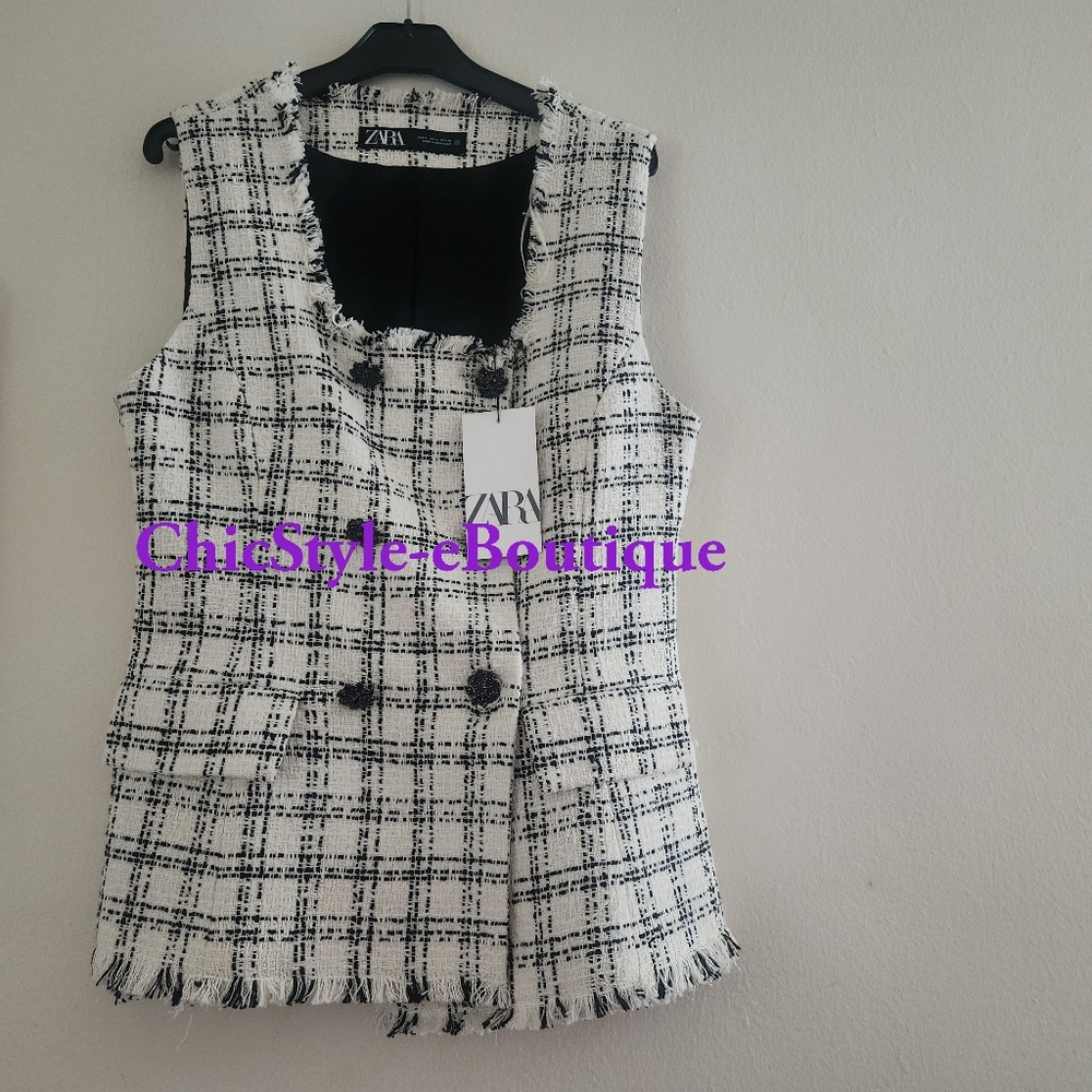 ZARA Textured Plaid Waistcoat Vest Ecru/black BNWT. - Picture 4 of 16